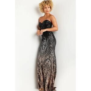 Jovani Beaded Sequin Embellished Strapless 38746 Maxi Gown Black Brown Size 12